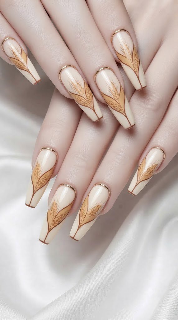 Cream coffin fall nail design with a golden-tan wheat sheaf color-block wing