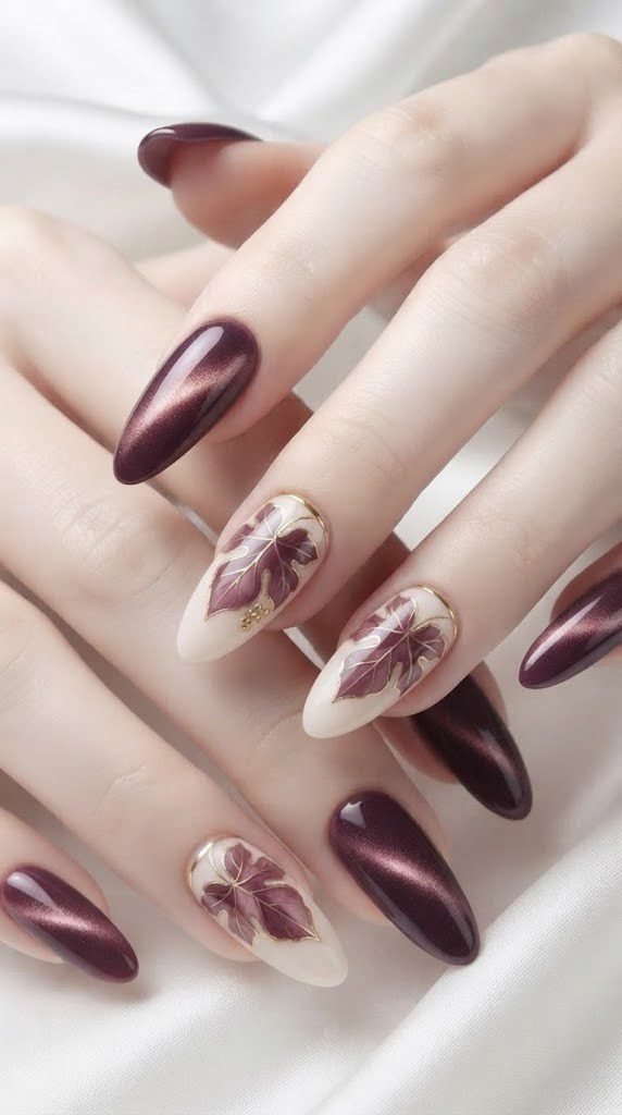 Almond fall nail design alternating deep plum chrome and wine grapevine wing