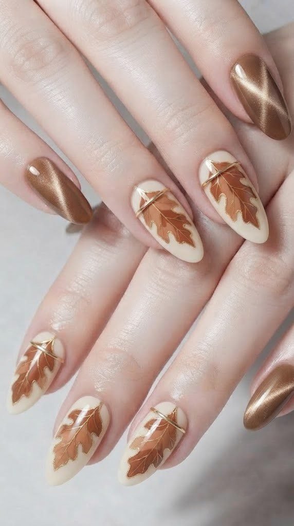Stiletto fall nail design with toffee chrome and a terracotta oak leaf wing