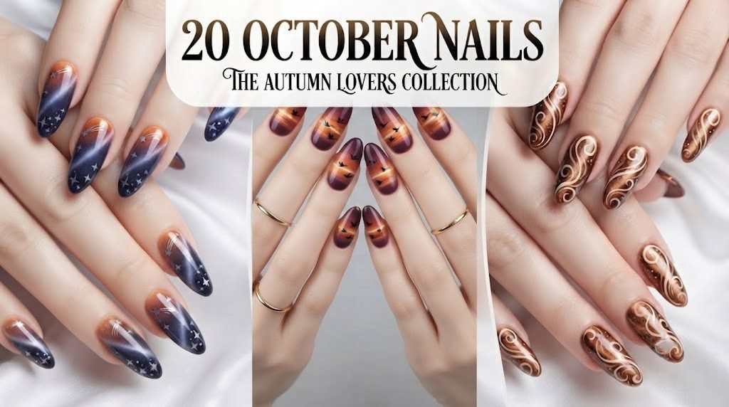 20 October nail designs collage featuring starry, sunset, and swirl autumn manicures