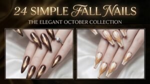 24 simple fall nails banner featuring bronze chrome and wheat-vein French tip nail art