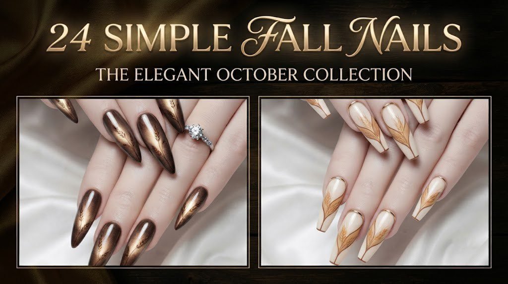 24 simple fall nails banner featuring bronze chrome and wheat-vein French tip nail art