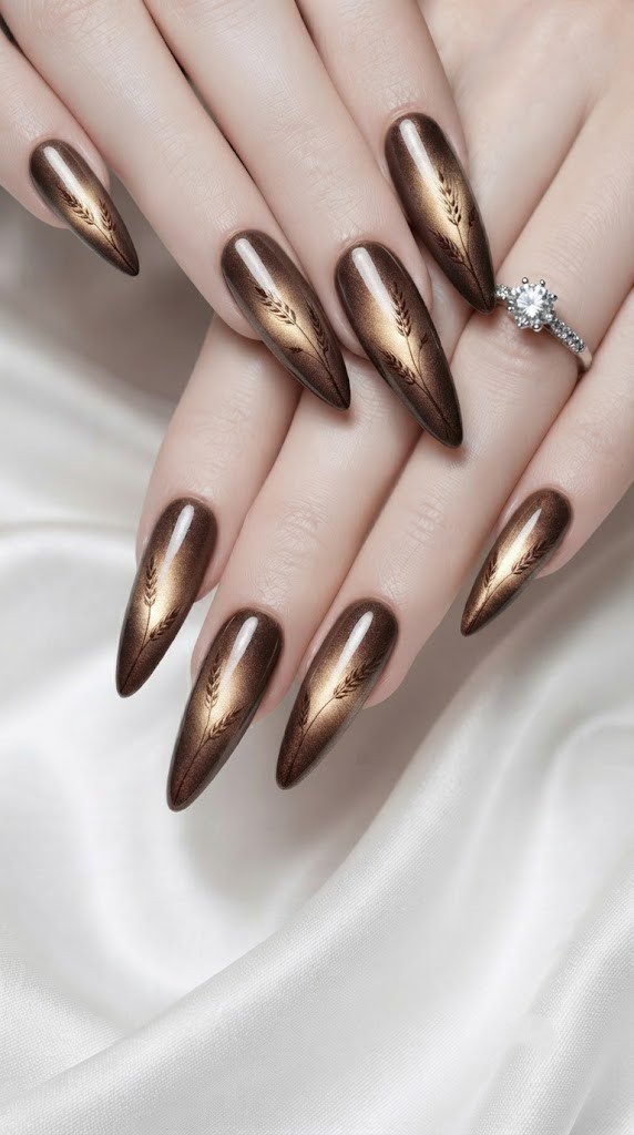 Oval fall nail art with a golden champagne wheat stalk on chocolate chrome